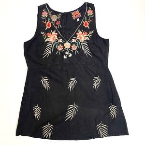 JOHNNY WAS Caspian Linen Tank Dress in Black Size Medium Floral Embroidery
